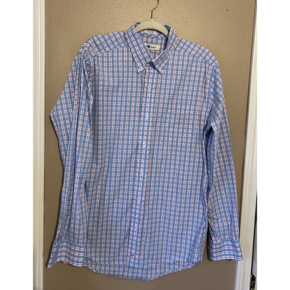 Onward Reserve Shirt Mens Large Blue Orange Plaid Tailored Fit Button Down Bear